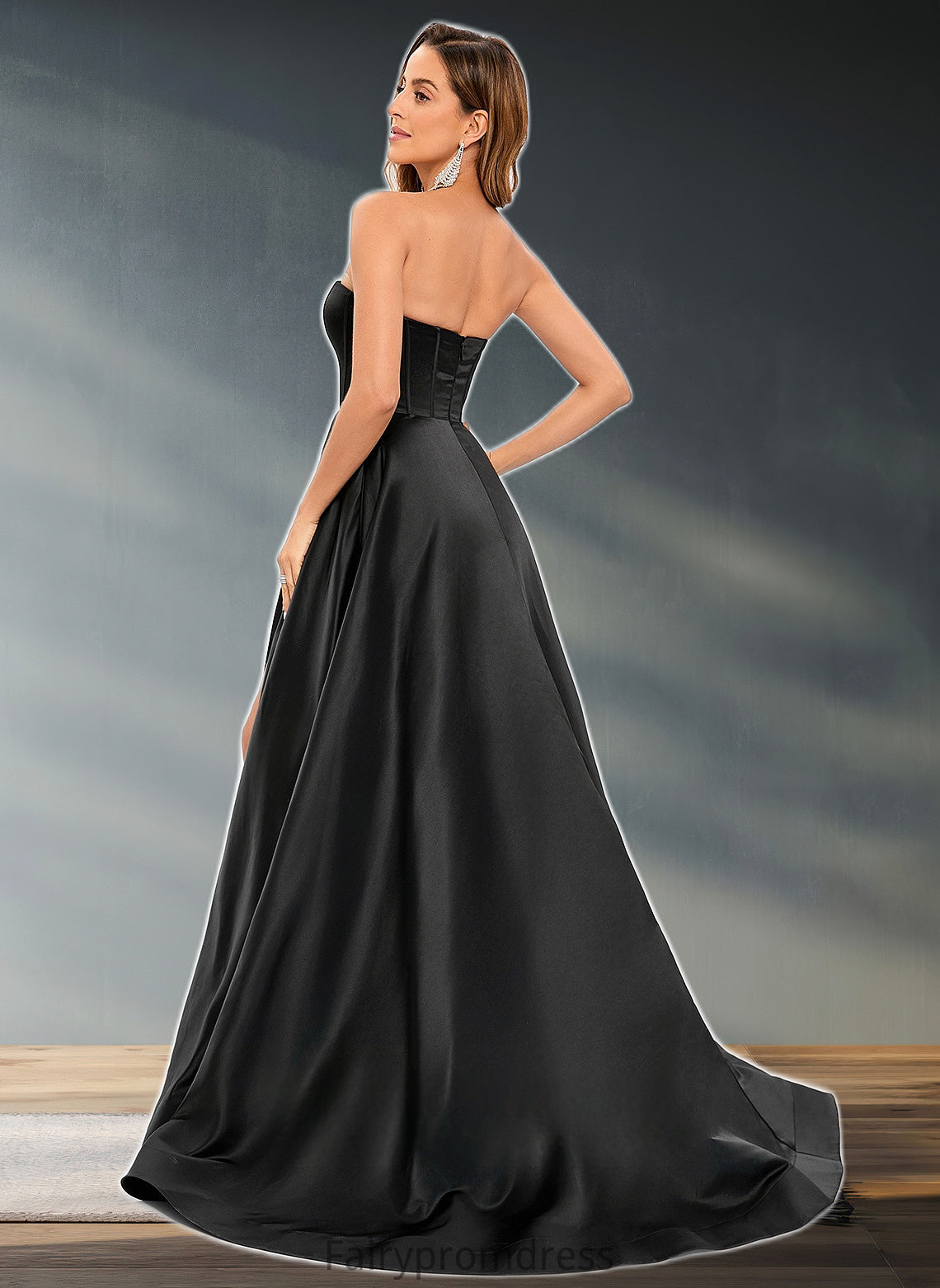 Anne A-line V-Neck Sweep Train Satin Prom Dresses DJP0025842