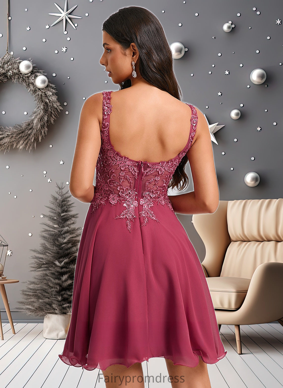 Poll A-line Scoop Short Chiffon Homecoming Dress With Sequins Appliques Lace DJP0025681