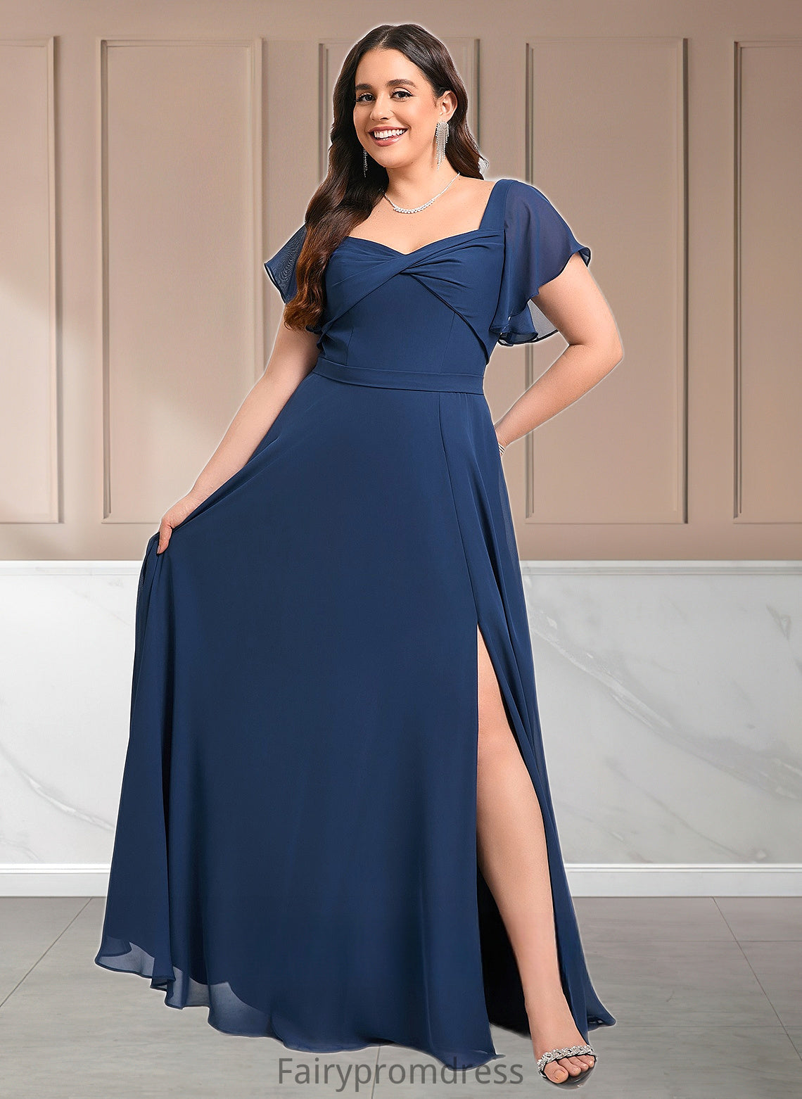 Eileen A-line V-Neck Floor-Length Chiffon Bridesmaid Dress With Ruffle DJP0025802