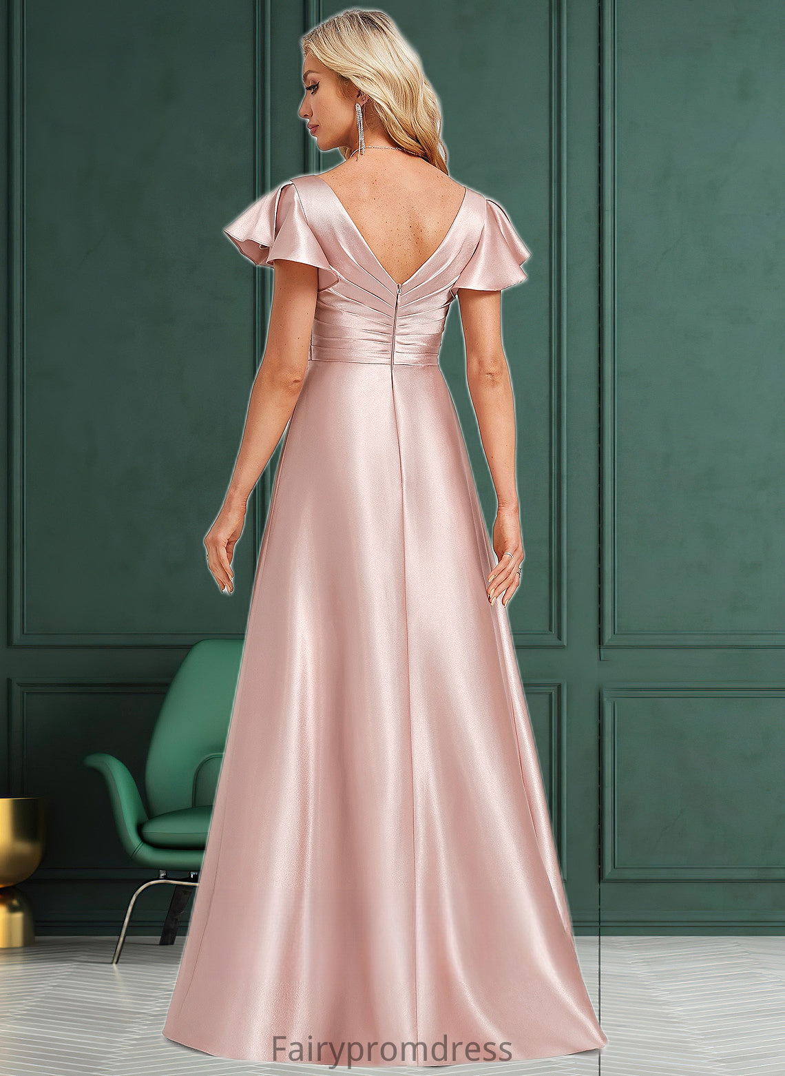 Logan A-line V-Neck Floor-Length Stretch Satin Bridesmaid Dress With Ruffle DJP0025787