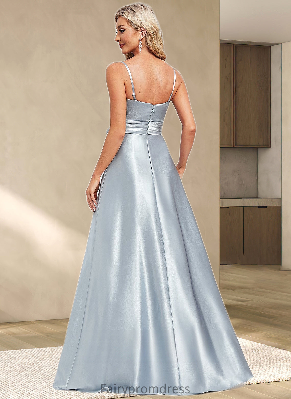 Krista A-line V-Neck Floor-Length Stretch Satin Bridesmaid Dress DJP0025795