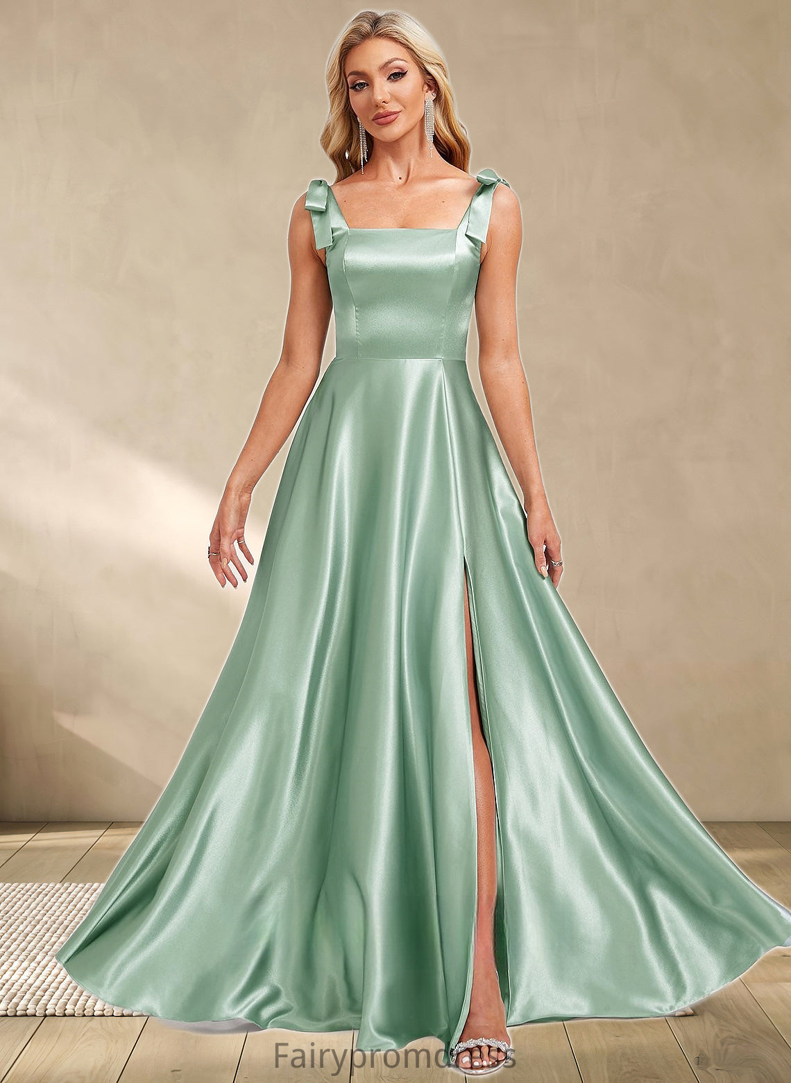 Alicia A-line Square Floor-Length Stretch Satin Bridesmaid Dress With Bow DJP0025788