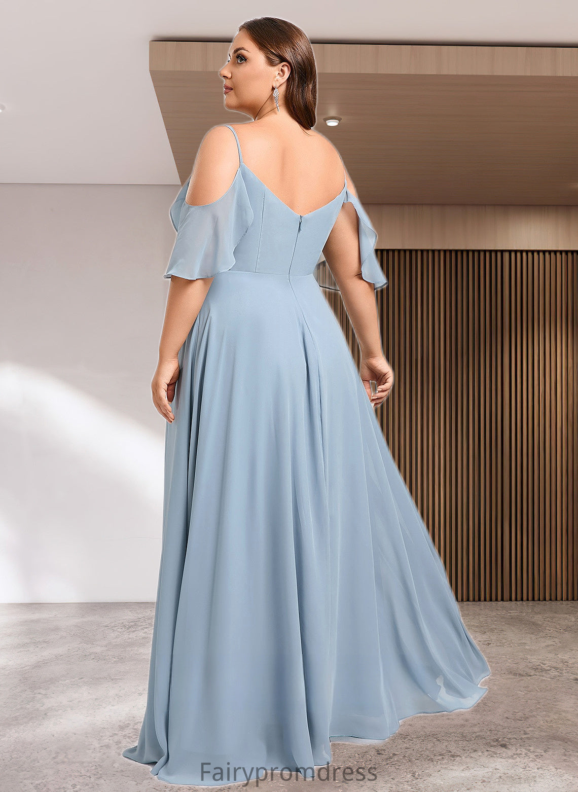 Pam A-line Cold Shoulder Floor-Length Chiffon Bridesmaid Dress With Ruffle DJP0025797