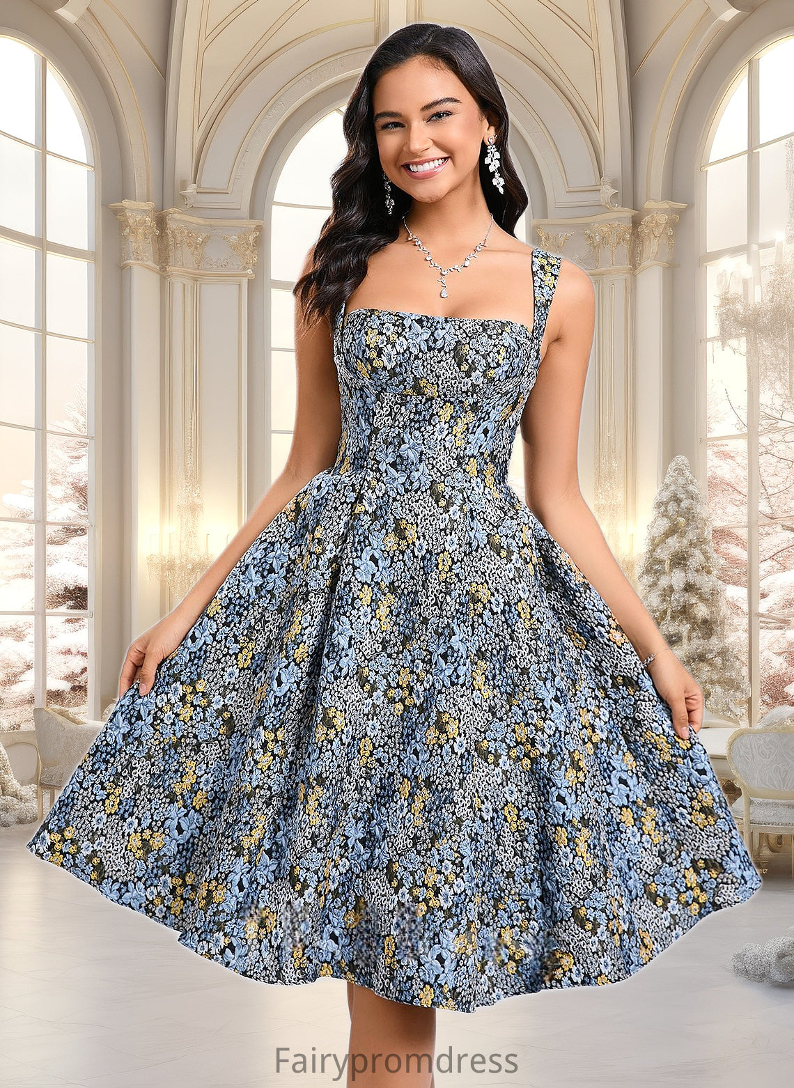 Margery A-line Square Knee-Length Jacquard Homecoming Dress With Bow DJP0025687