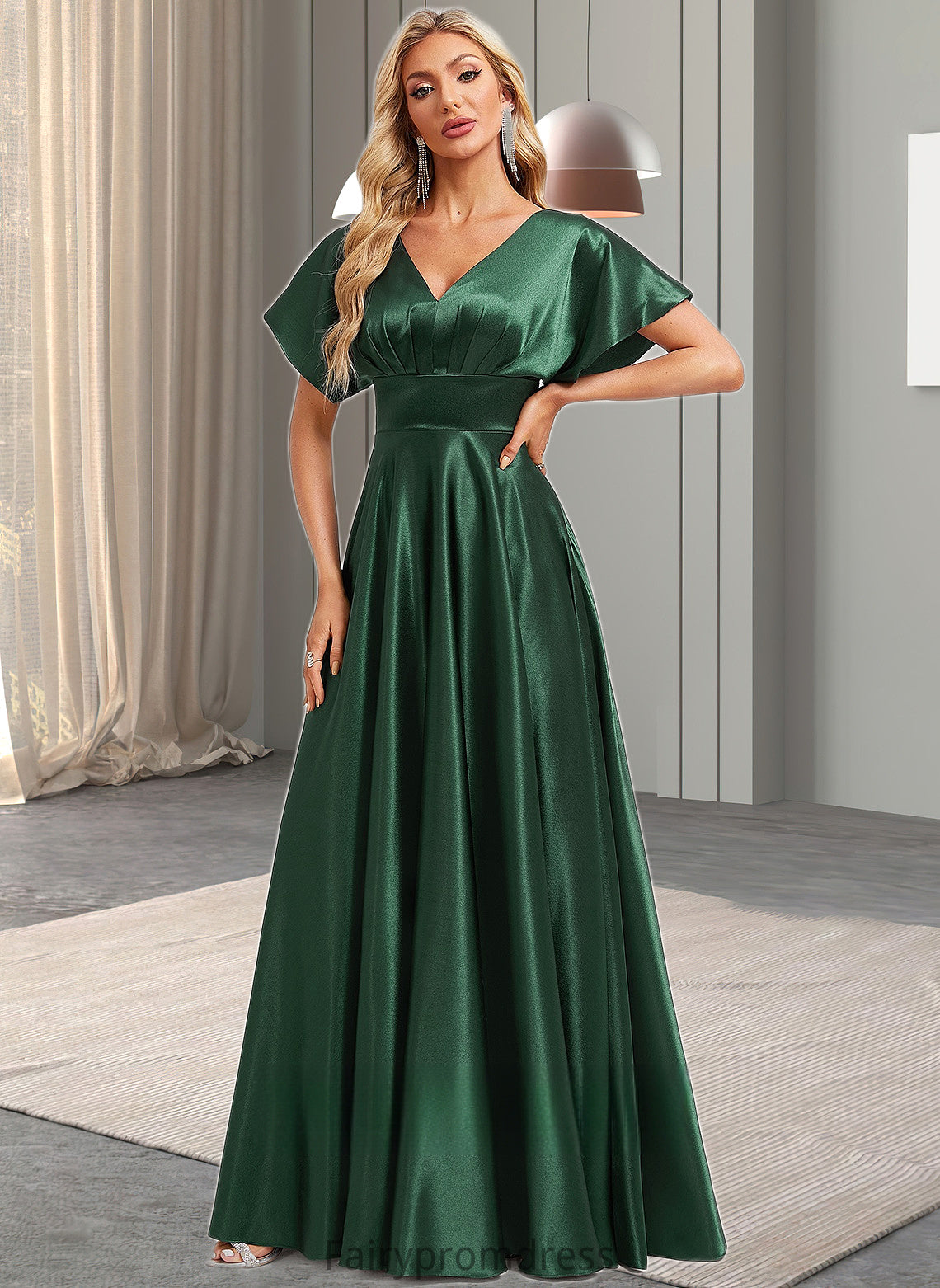 Hadassah A-line V-Neck Floor-Length Stretch Satin Bridesmaid Dress DJP0025782