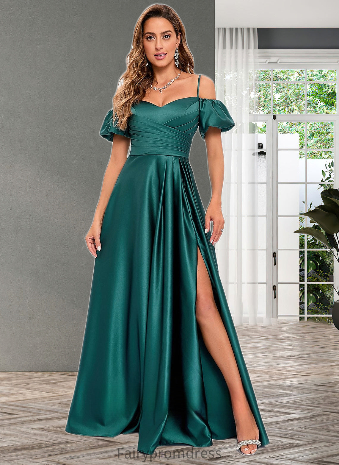 Ciara A-line Off the Shoulder Sweetheart Floor-Length Satin Prom Dresses DJP0025852