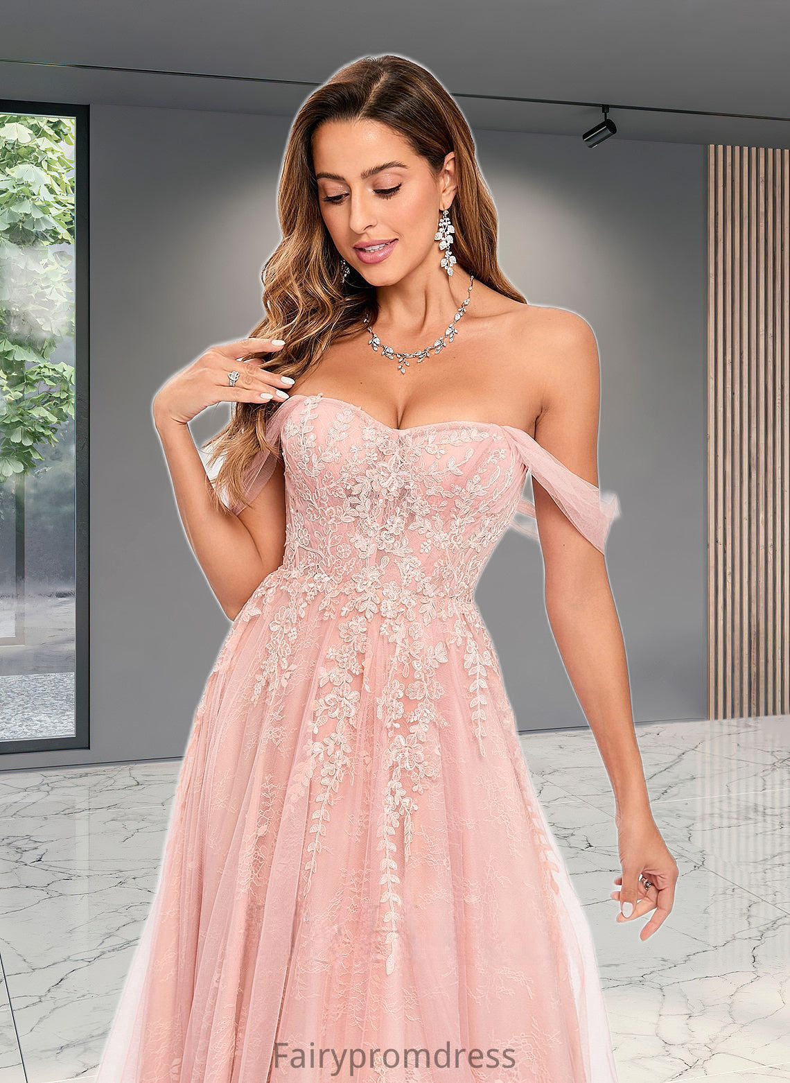 Gwendolyn A-line Sweetheart Off the Shoulder Floor-Length Tulle Floral Lace Prom Dresses With Appliques Lace DJP0025870