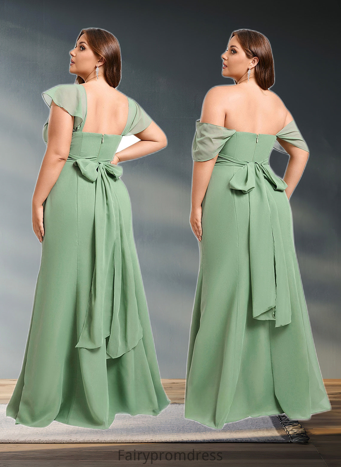 Larissa Trumpet/Mermaid Off the Shoulder V-Neck Floor-Length Chiffon Bridesmaid Dress DJP0025810