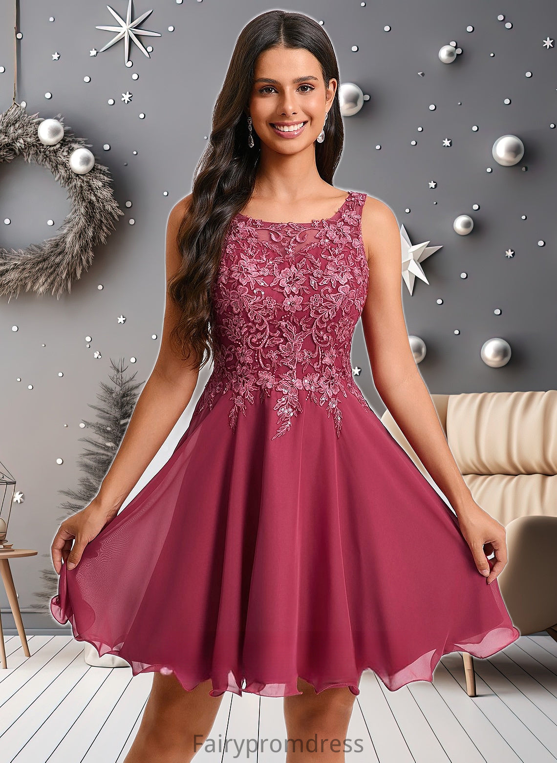 Poll A-line Scoop Short Chiffon Homecoming Dress With Sequins Appliques Lace DJP0025681