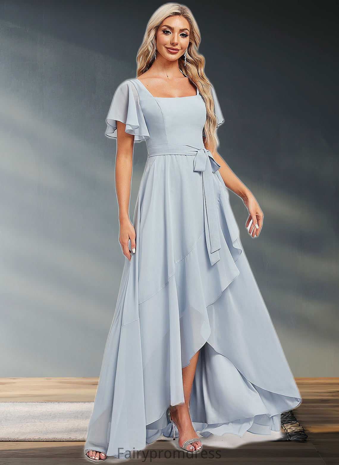 Millie A-line Square Asymmetrical Chiffon Bridesmaid Dress DJP0025796