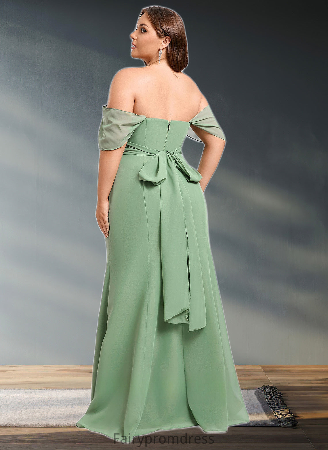 Larissa Trumpet/Mermaid Off the Shoulder V-Neck Floor-Length Chiffon Bridesmaid Dress DJP0025810