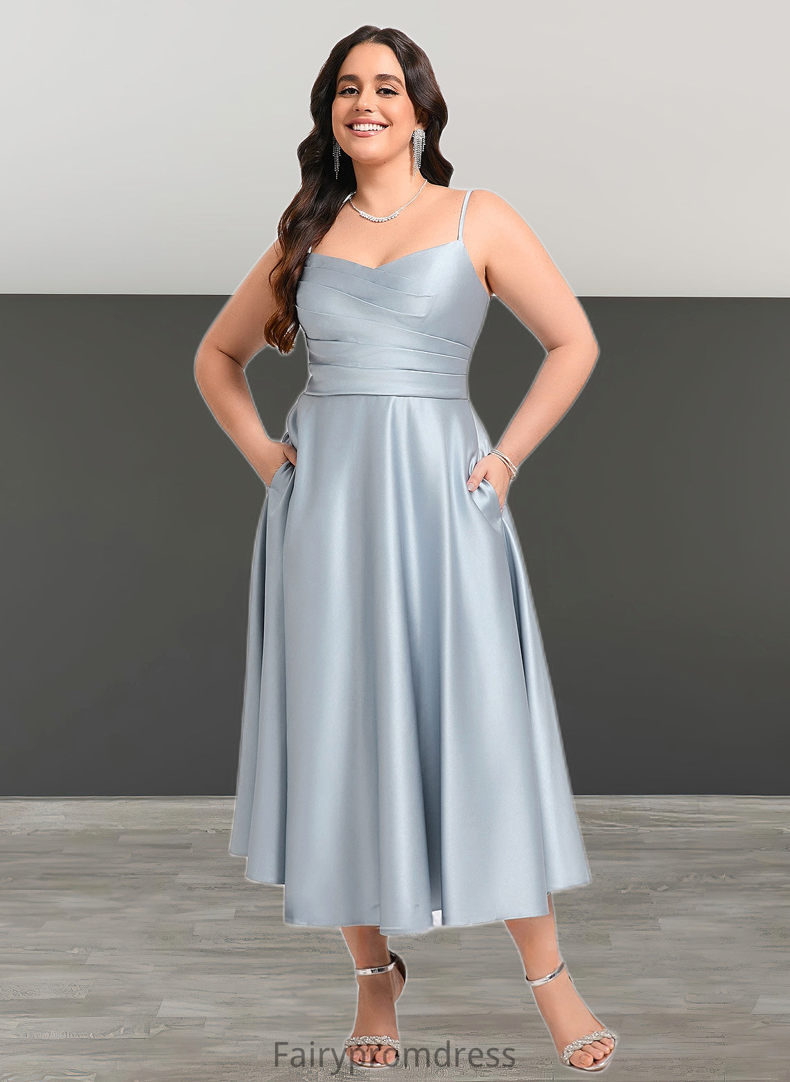 Sydnee A-line V-Neck Tea-Length Satin Bridesmaid Dress DJP0025794