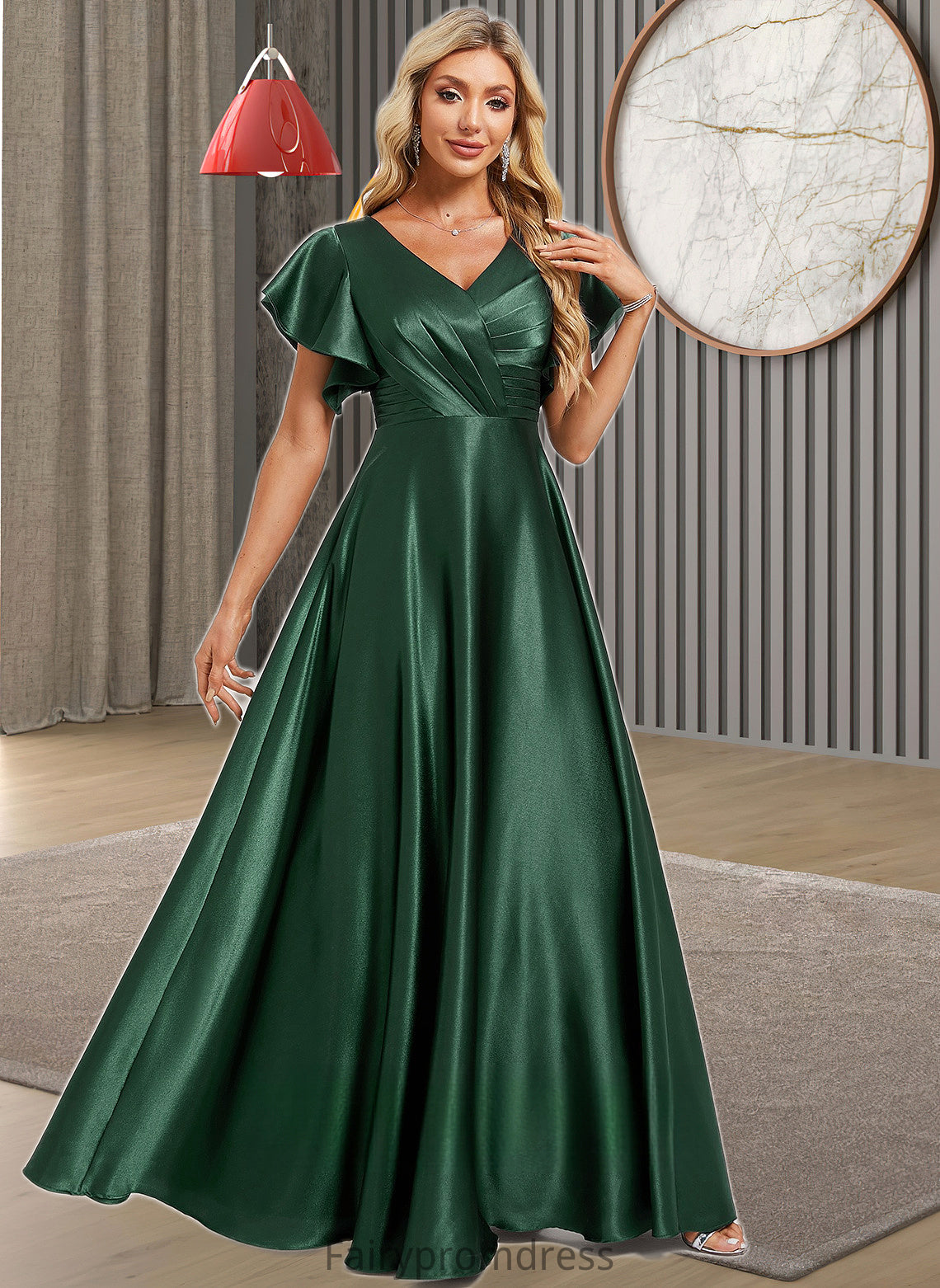 Mylie A-line V-Neck Floor-Length Stretch Satin Bridesmaid Dress With Ruffle DJP0025773