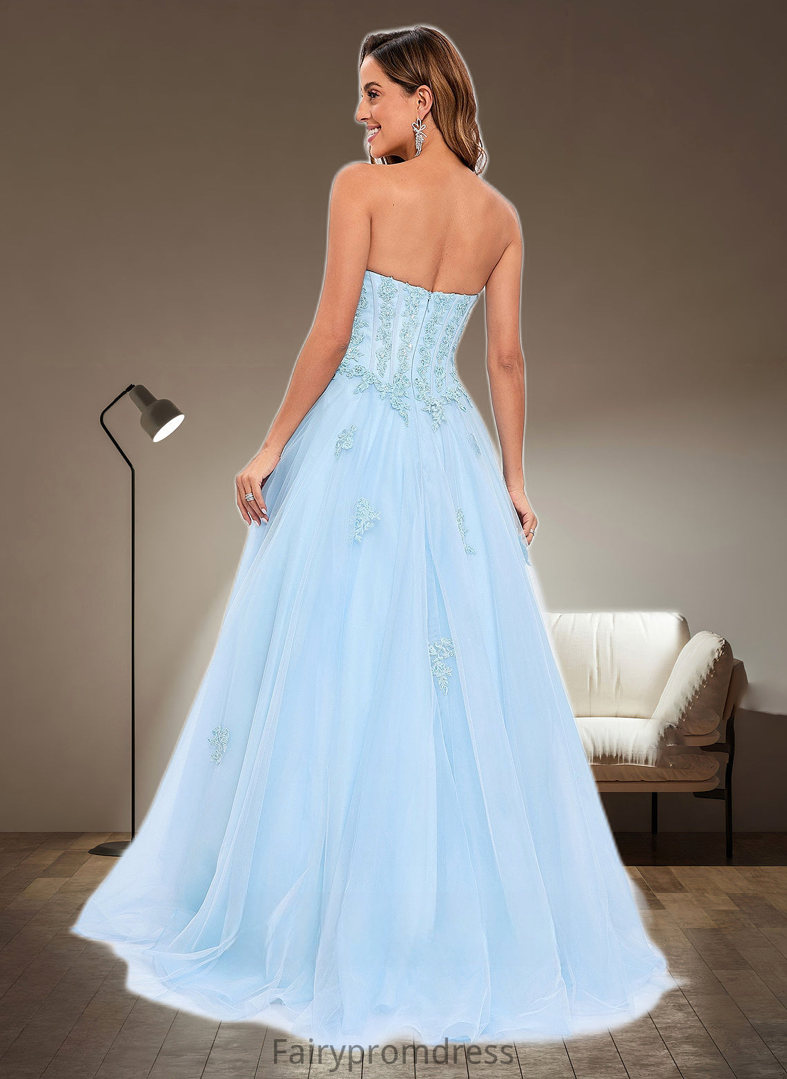 Liana Ball-Gown/Princess Straight Sweep Train Tulle Prom Dresses With Sequins Appliques Lace DJP0025864