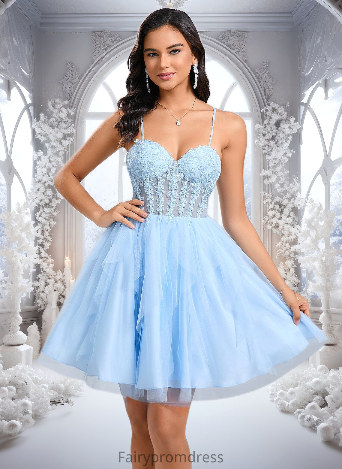 Kenna Ball-Gown/Princess Sweetheart Short Lace Tulle Homecoming Dress With Ruffle DJP0025707