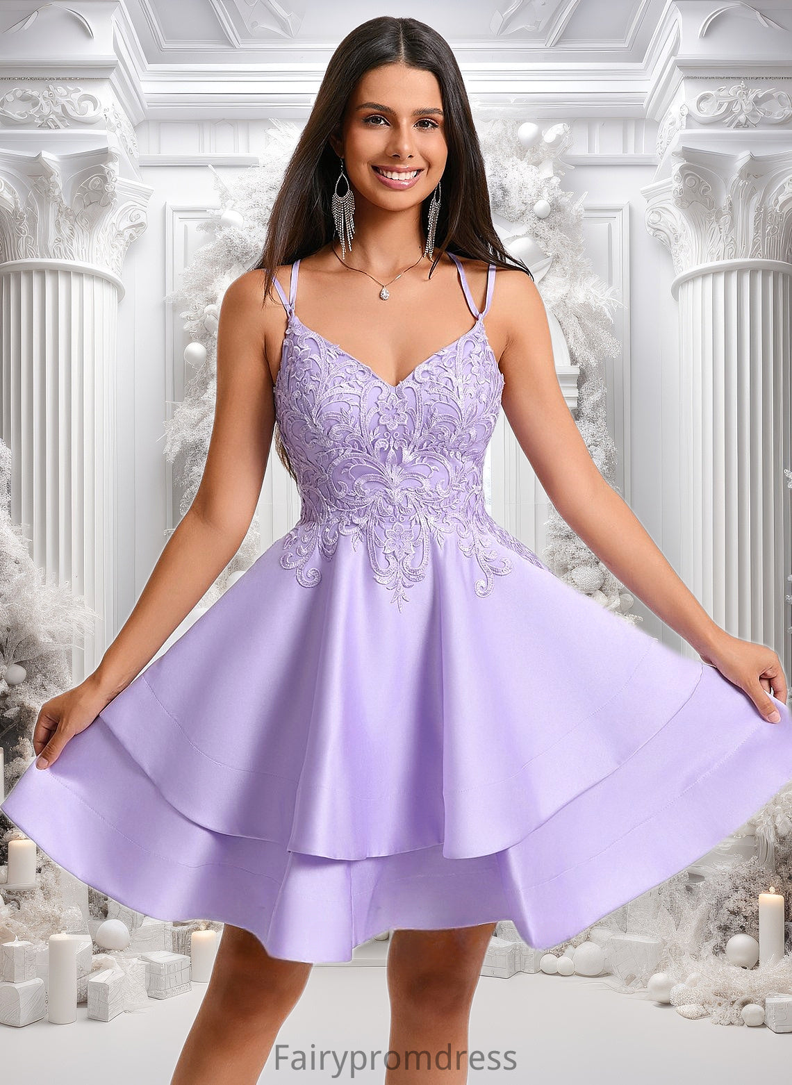 Ali A-line V-Neck Short Satin Homecoming Dress With Appliques Lace DJP0025692