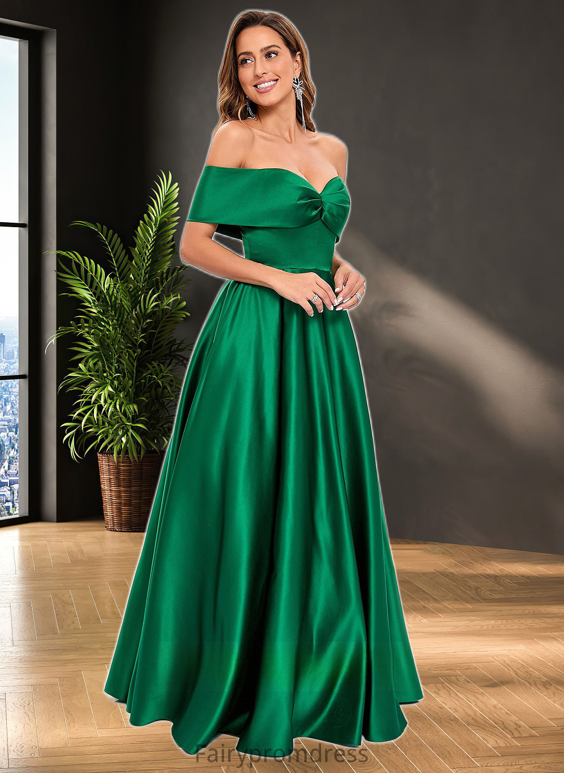 Teagan Ball-Gown/Princess Off the Shoulder Floor-Length Satin Prom Dresses DJP0025871