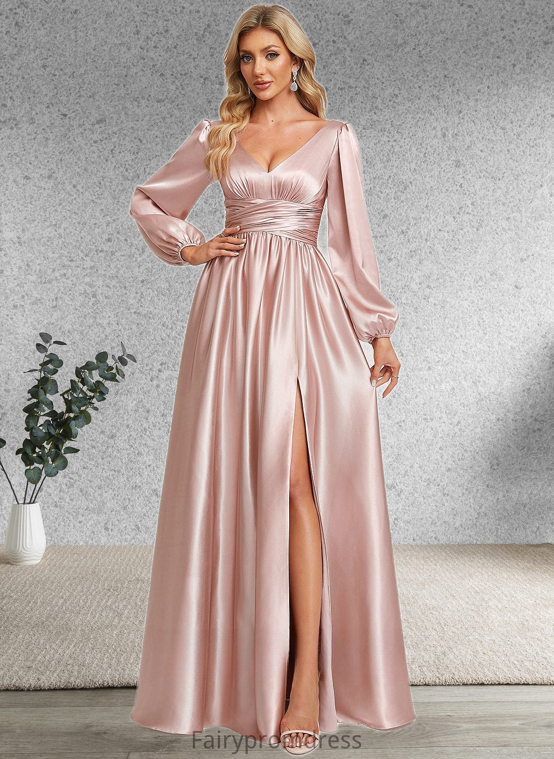 Giselle A-line V-Neck Floor-Length Stretch Satin Prom Dresses DJP0025880