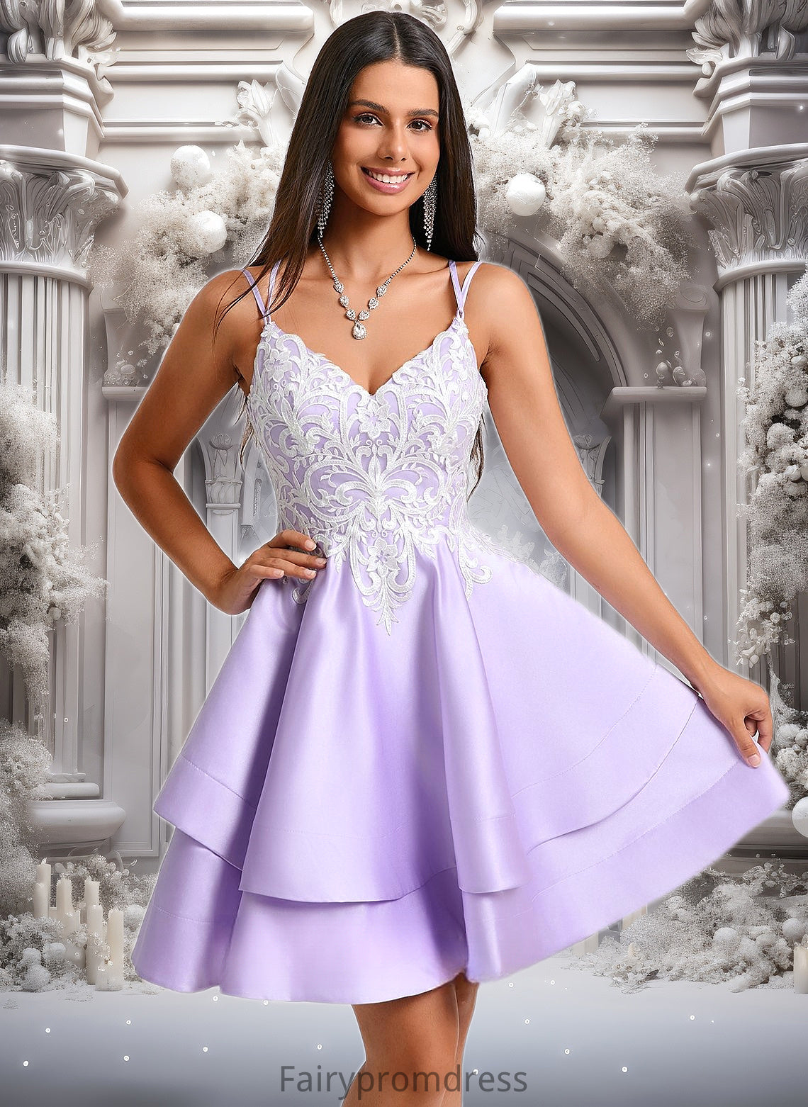 Mercedes A-line V-Neck Short Satin Homecoming Dress With Appliques Lace DJP0025696