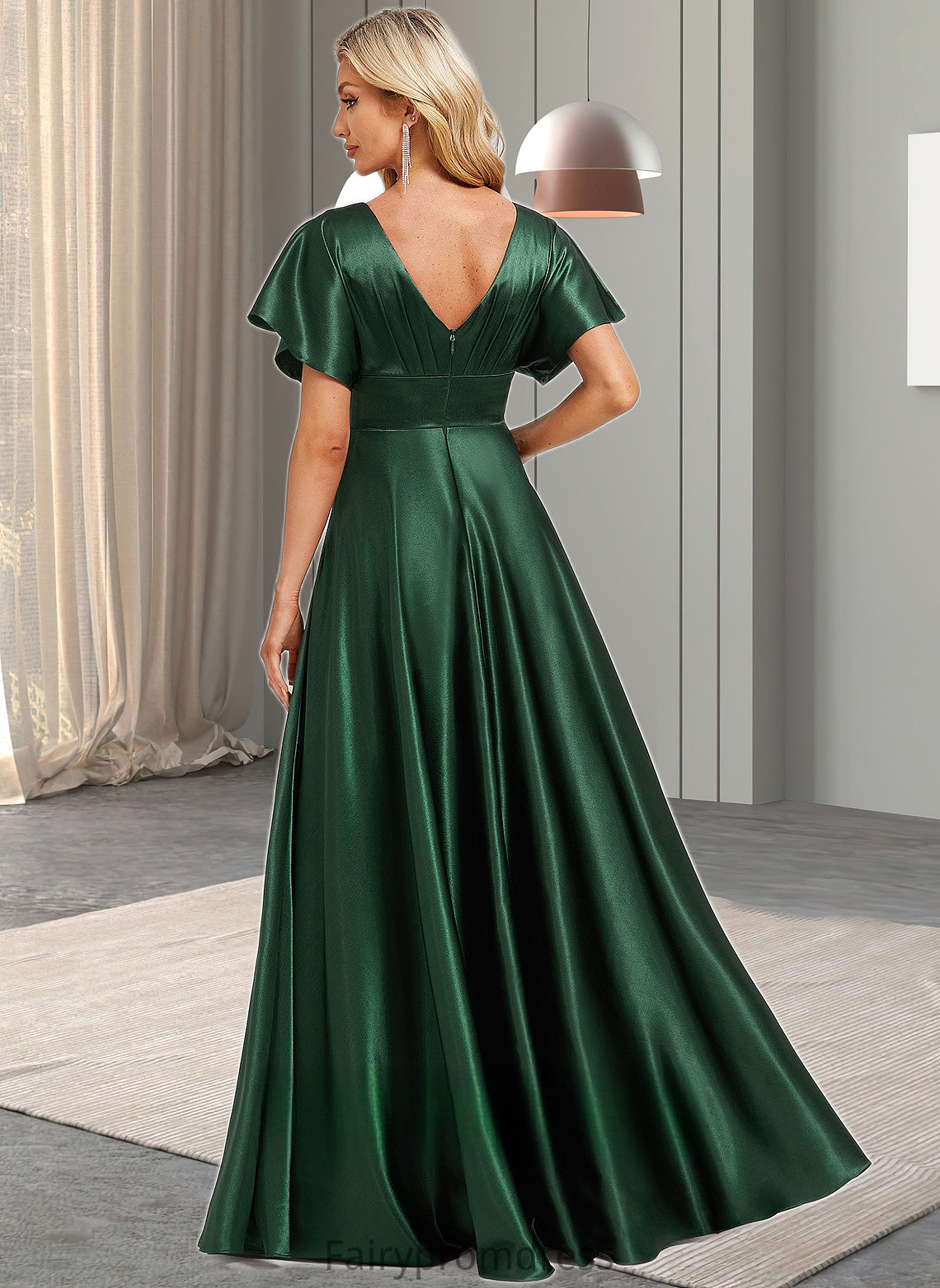 Hadassah A-line V-Neck Floor-Length Stretch Satin Bridesmaid Dress DJP0025782