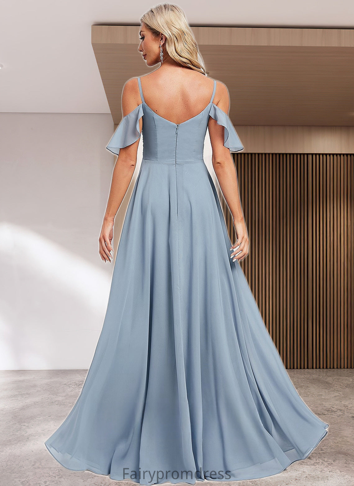 Pam A-line Cold Shoulder Floor-Length Chiffon Bridesmaid Dress With Ruffle DJP0025797