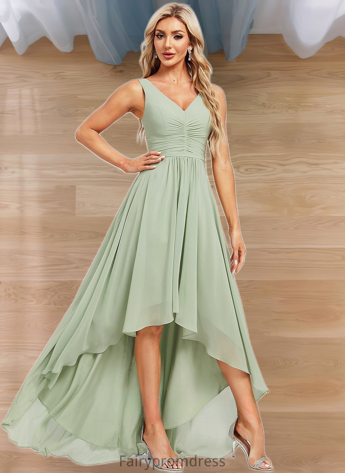 Annabella A-line V-Neck Asymmetrical Chiffon Bridesmaid Dress DJP0025809