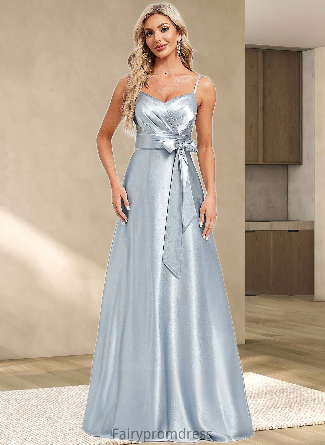 Krista A-line V-Neck Floor-Length Stretch Satin Bridesmaid Dress DJP0025795