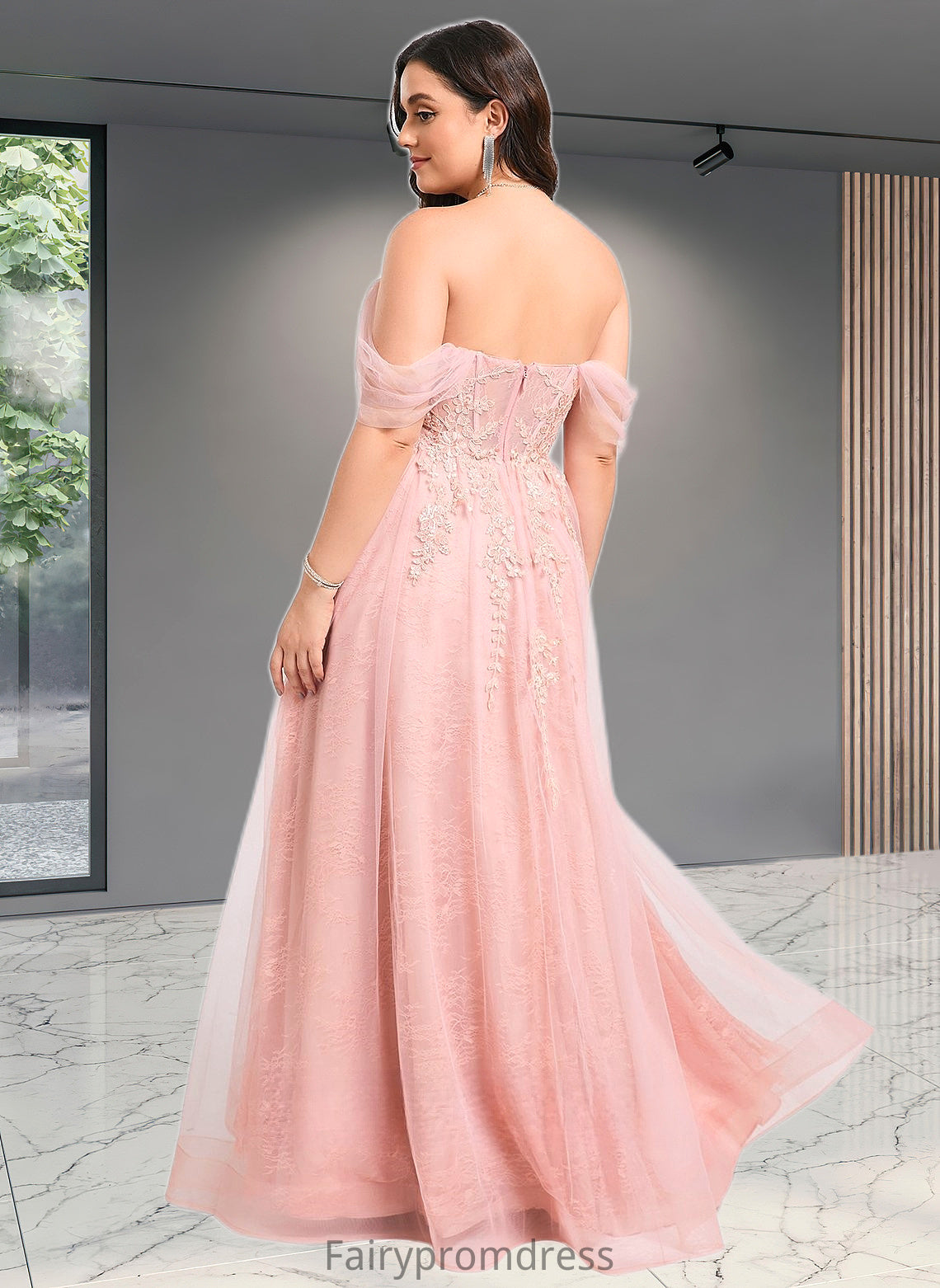 Gwendolyn A-line Sweetheart Off the Shoulder Floor-Length Tulle Floral Lace Prom Dresses With Appliques Lace DJP0025870