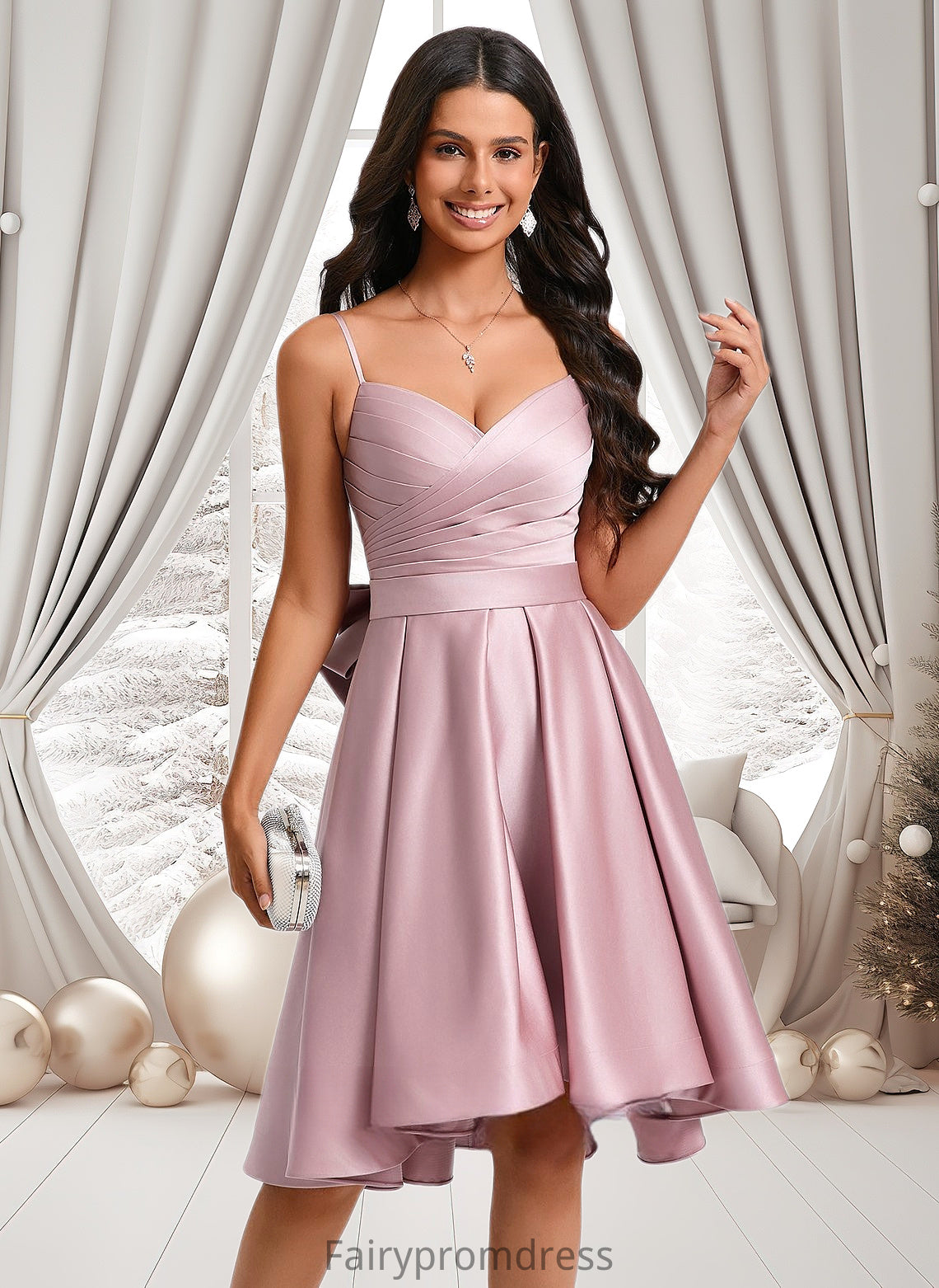 Casey A-line V-Neck Asymmetrical Satin Homecoming Dress With Bow Pleated DJP0025699