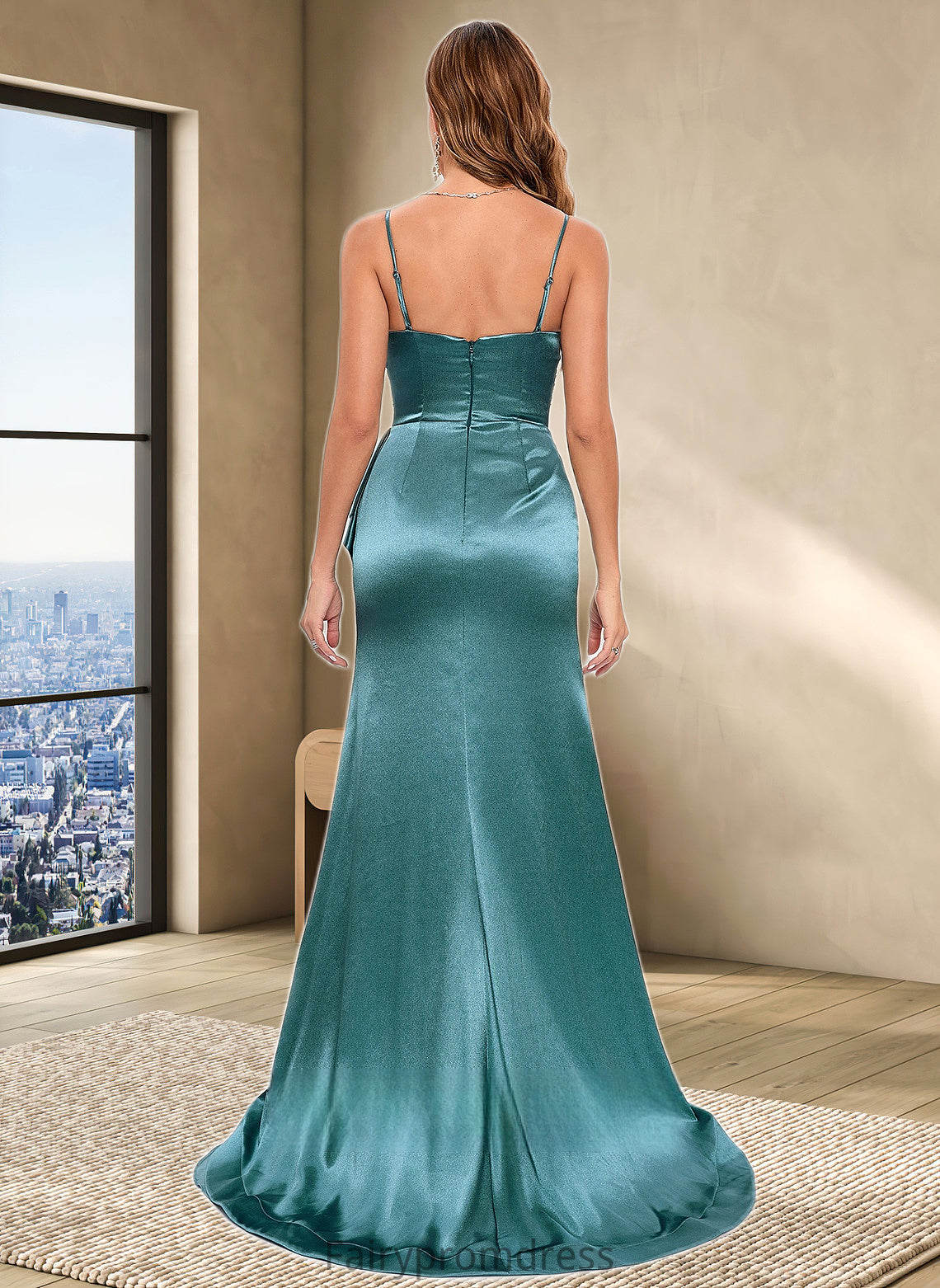 Annabelle Trumpet/Mermaid V-Neck Sweep Train Stretch Satin Prom Dresses DJP0025855