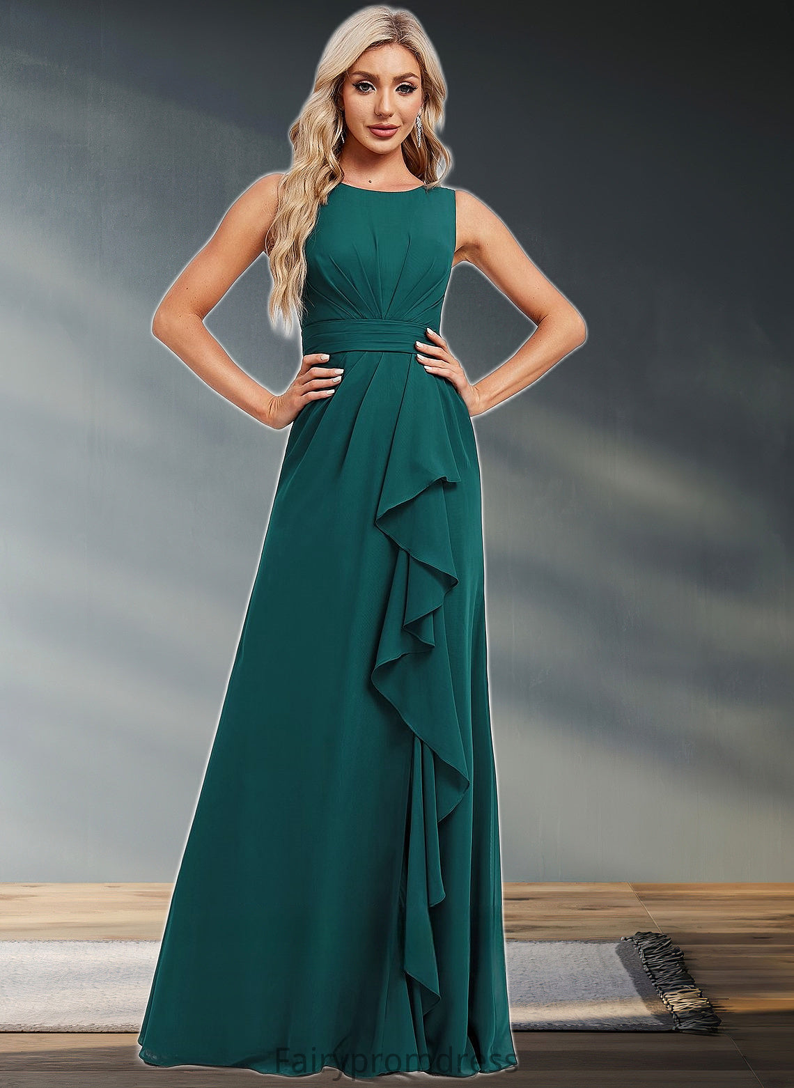 Kamila A-line Scoop Floor-Length Chiffon Bridesmaid Dress With Ruffle DJP0025814