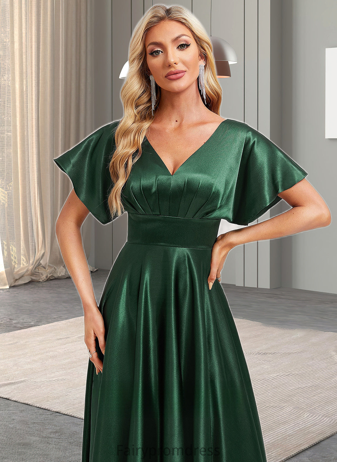 Hadassah A-line V-Neck Floor-Length Stretch Satin Bridesmaid Dress DJP0025782