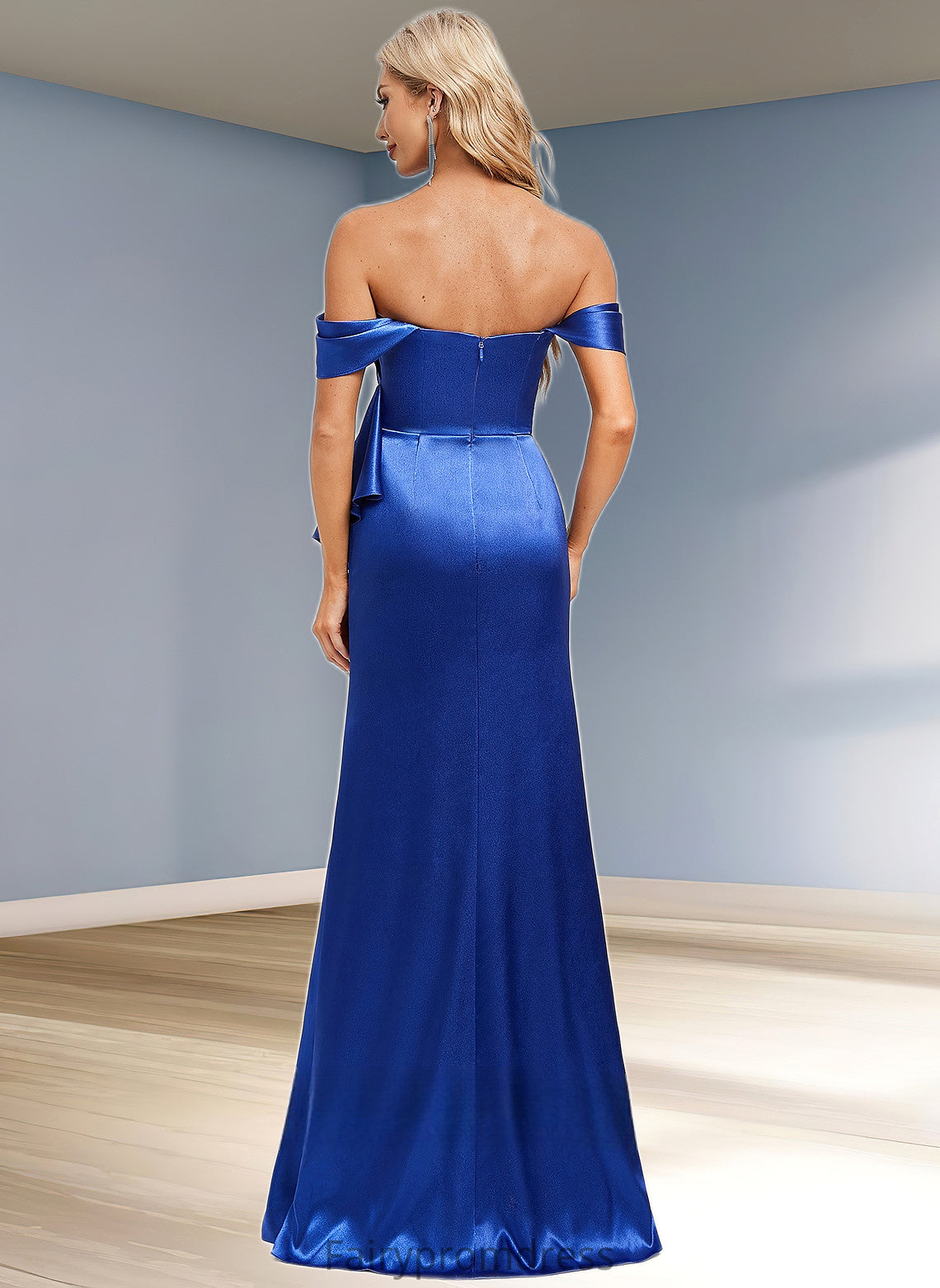 Lorna Trumpet/Mermaid Off the Shoulder Floor-Length Stretch Satin Bridesmaid Dress With Ruffle DJP0025800