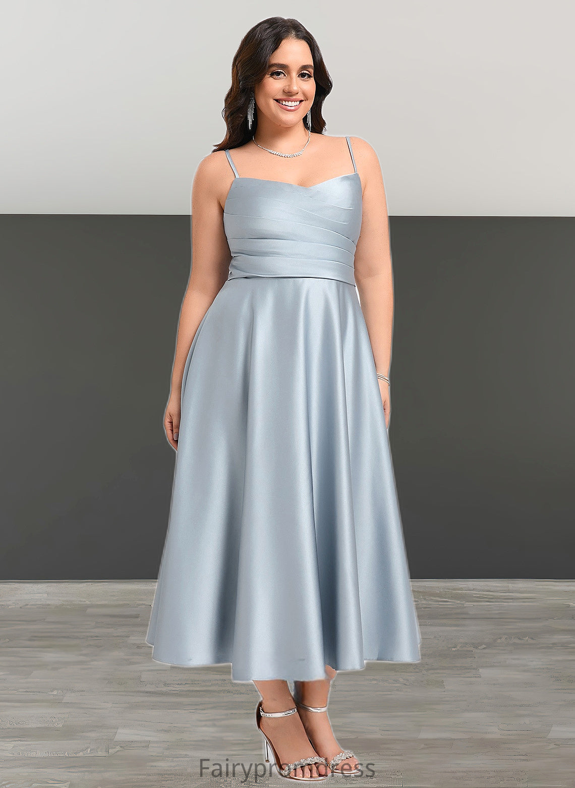 Sydnee A-line V-Neck Tea-Length Satin Bridesmaid Dress DJP0025794