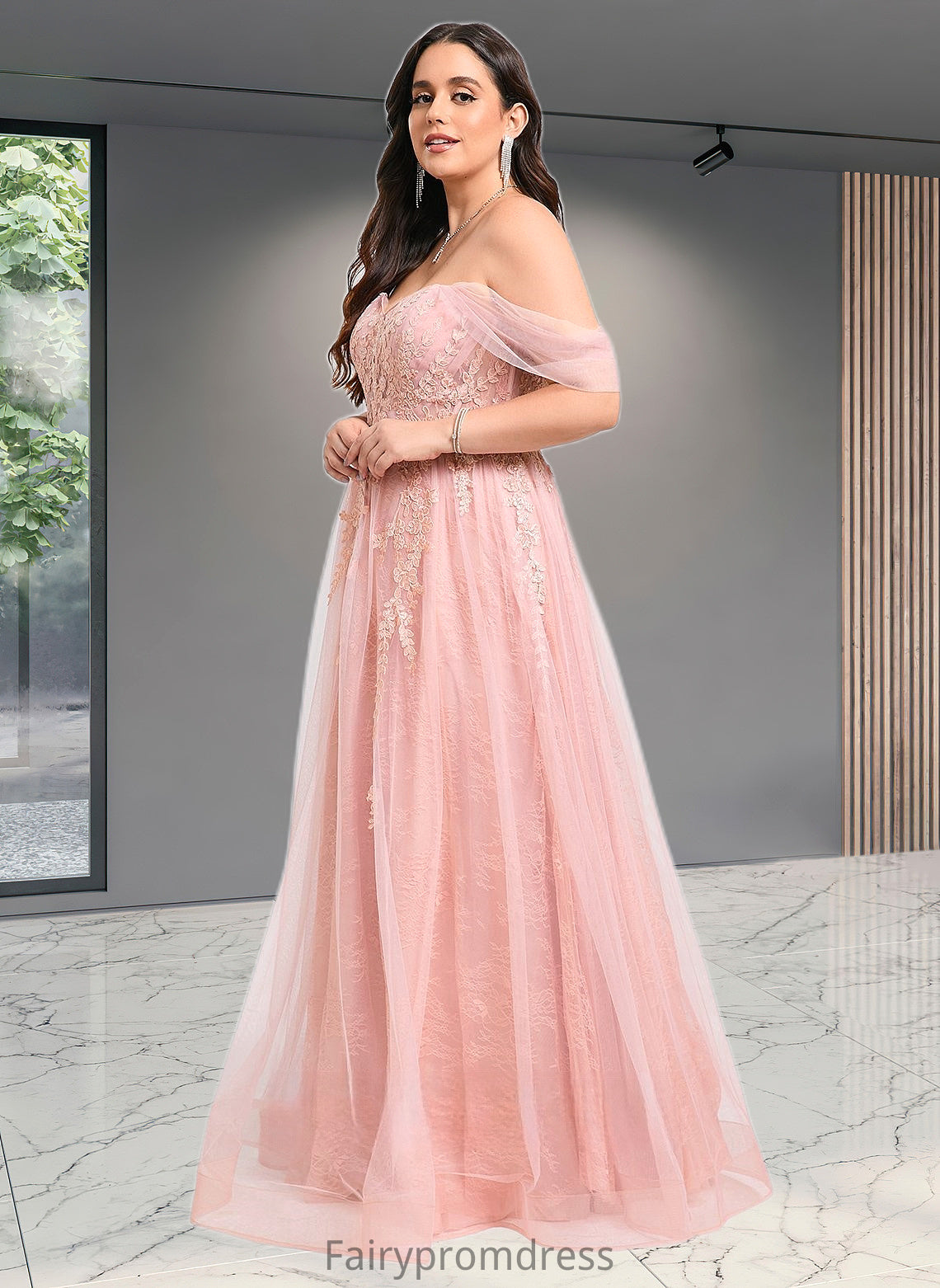 Gwendolyn A-line Sweetheart Off the Shoulder Floor-Length Tulle Floral Lace Prom Dresses With Appliques Lace DJP0025870