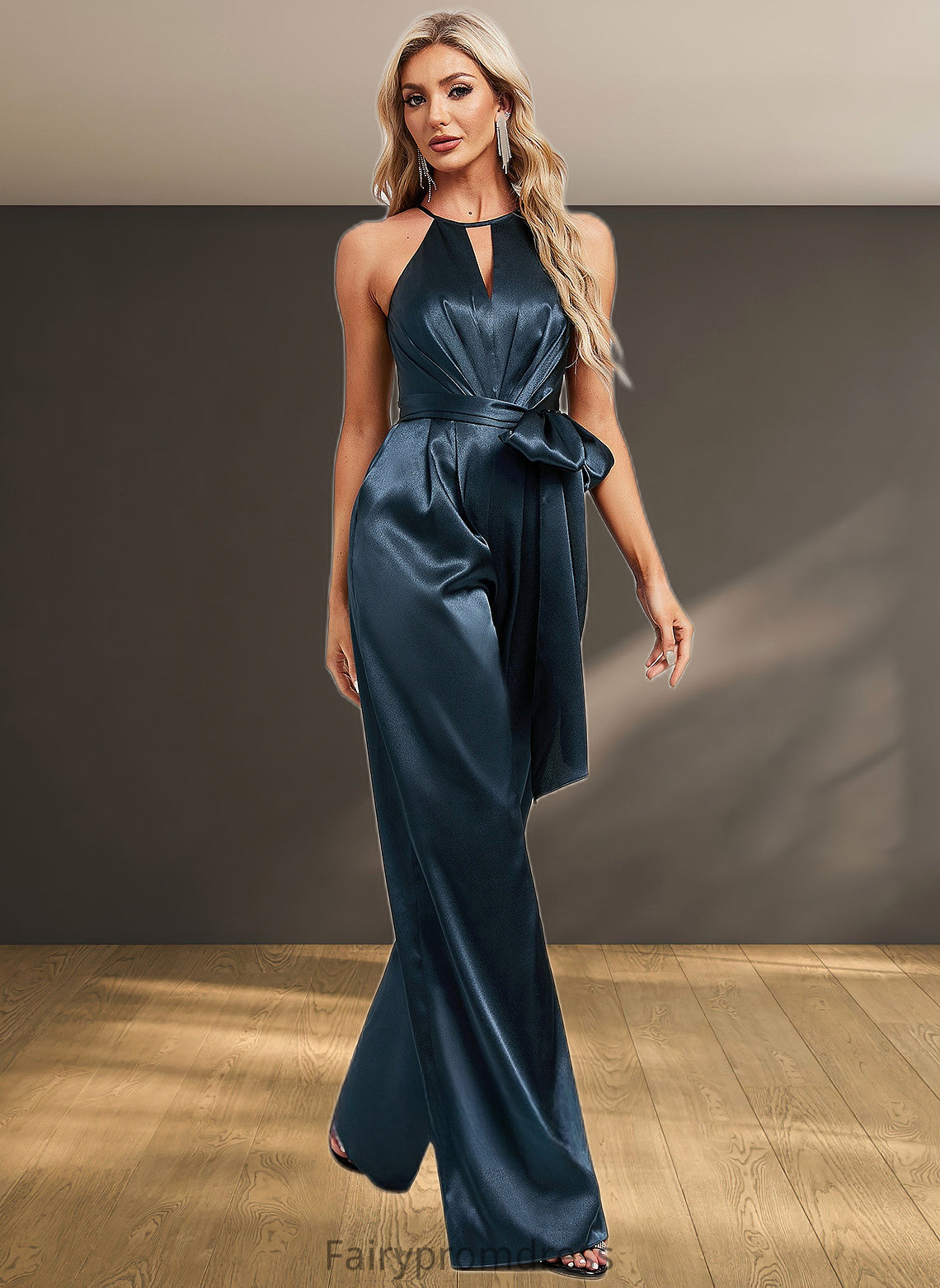 Michelle Jumpsuit/Pantsuit Halter Floor-Length Stretch Satin Bridesmaid Dress DJP0025805