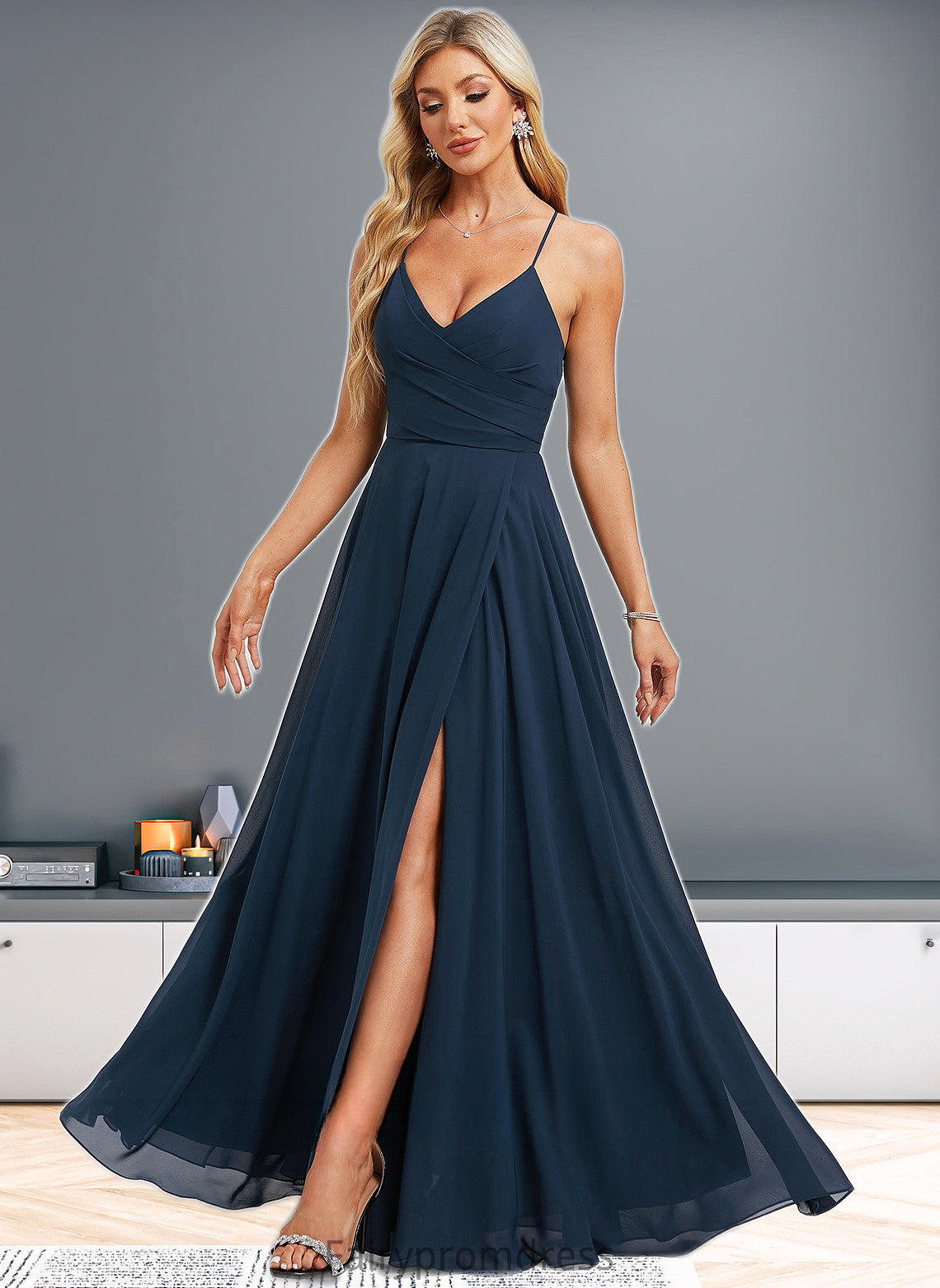 Lilian A-line V-Neck Floor-Length Chiffon Prom Dresses With Pleated DJP0025830