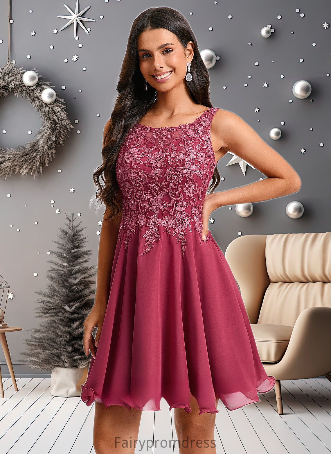 Poll A-line Scoop Short Chiffon Homecoming Dress With Sequins Appliques Lace DJP0025681