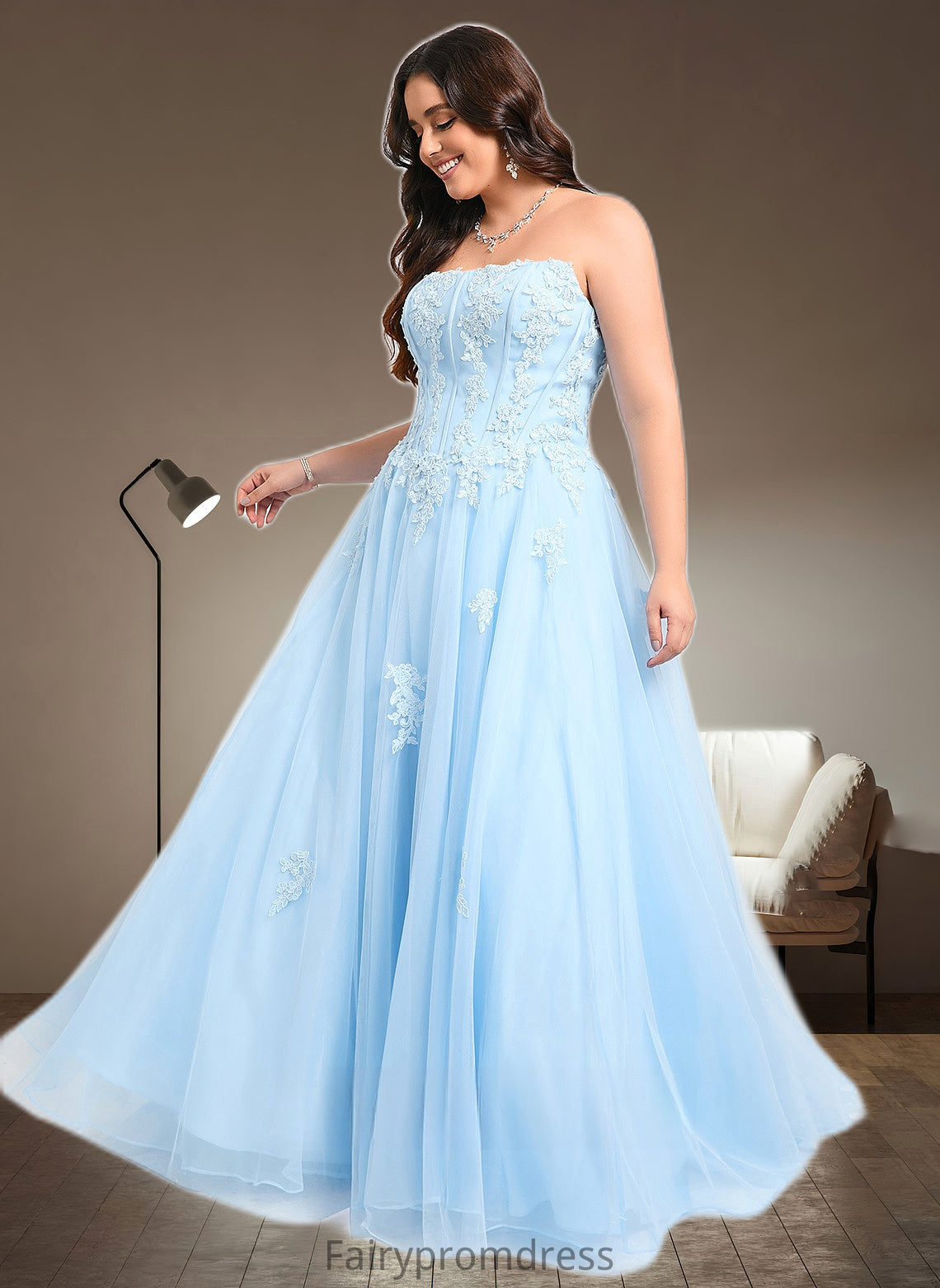 Liana Ball-Gown/Princess Straight Sweep Train Tulle Prom Dresses With Sequins Appliques Lace DJP0025864