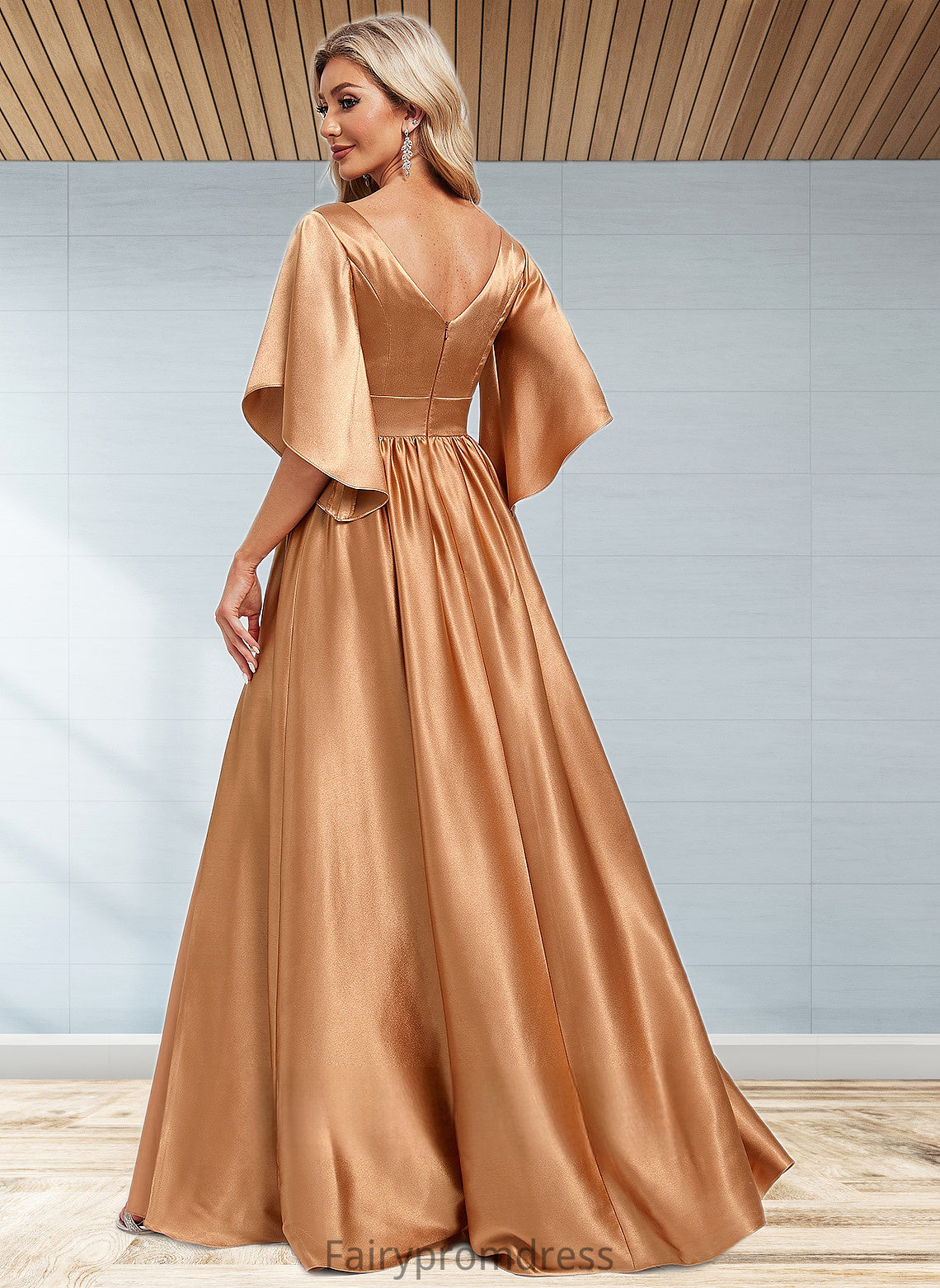 Judy A-line V-Neck Floor-Length Stretch Satin Bridesmaid Dress DJP0025793