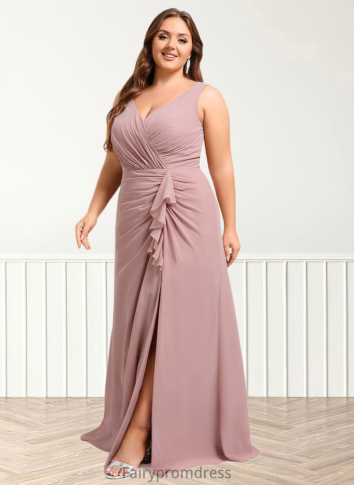 Nina A-line V-Neck Floor-Length Chiffon Bridesmaid Dress DJP0025820