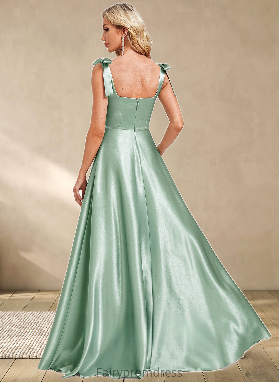 Alicia A-line Square Floor-Length Stretch Satin Bridesmaid Dress With Bow DJP0025788