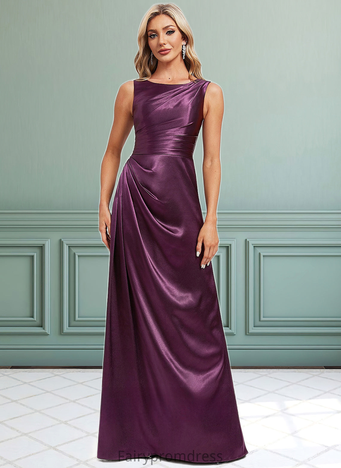 Cassie A-line Scoop Floor-Length Stretch Satin Bridesmaid Dress DJP0025829