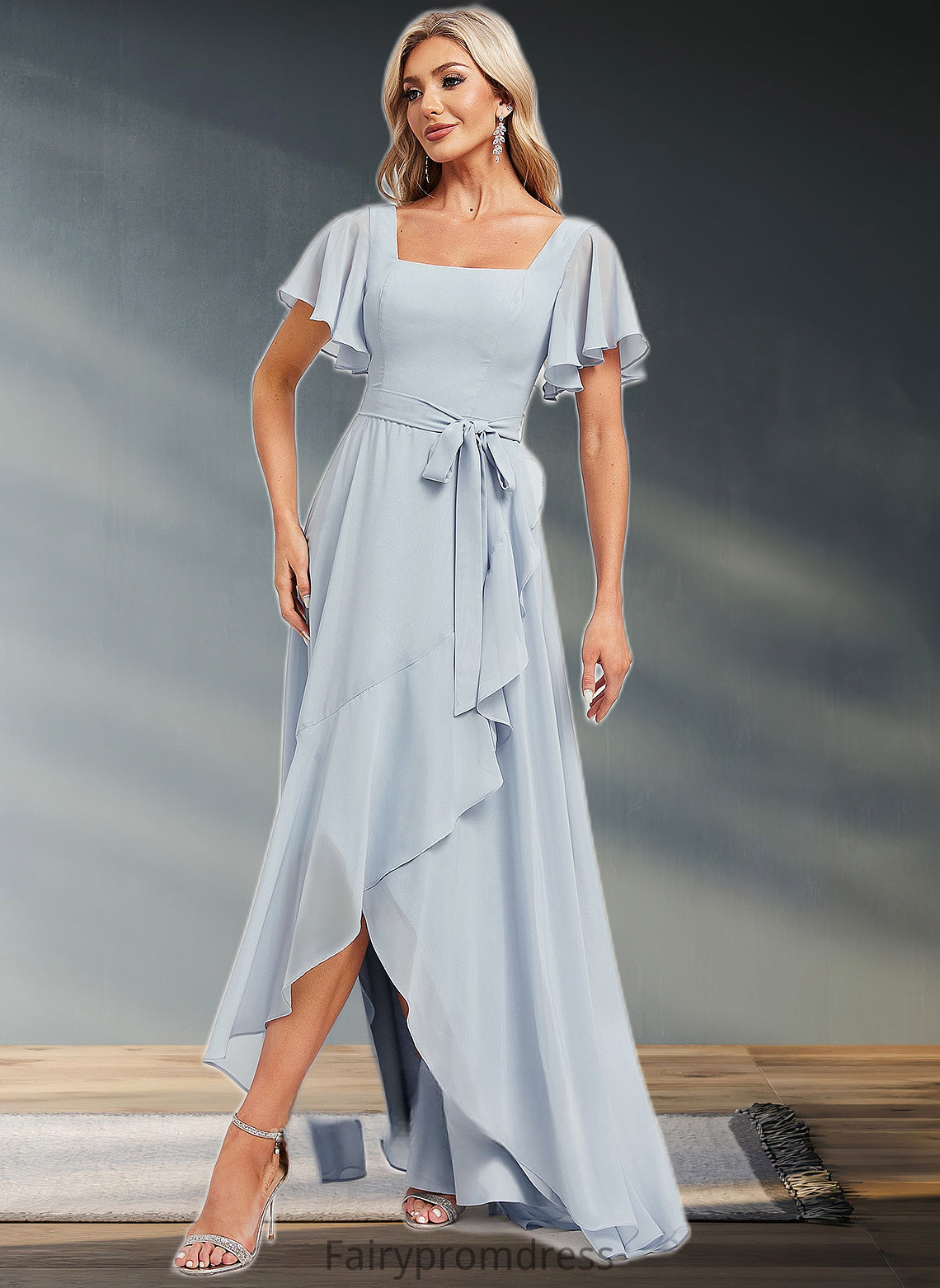 Millie A-line Square Asymmetrical Chiffon Bridesmaid Dress DJP0025796