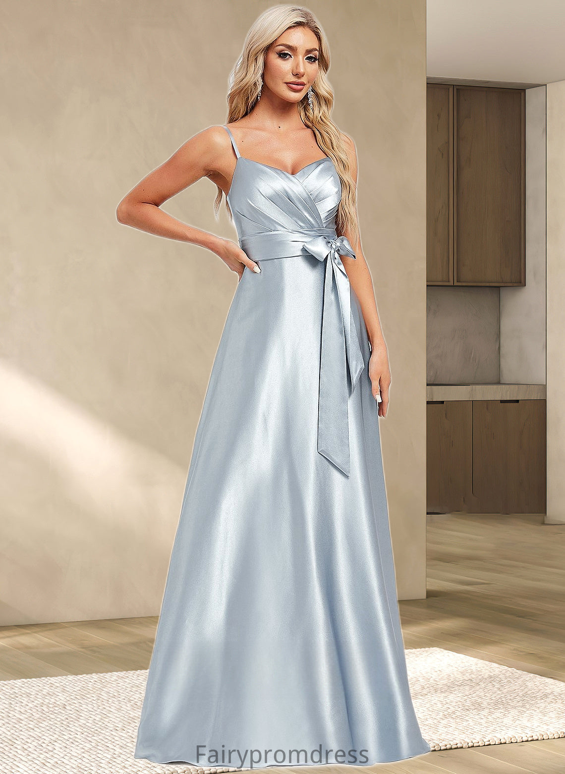 Krista A-line V-Neck Floor-Length Stretch Satin Bridesmaid Dress DJP0025795