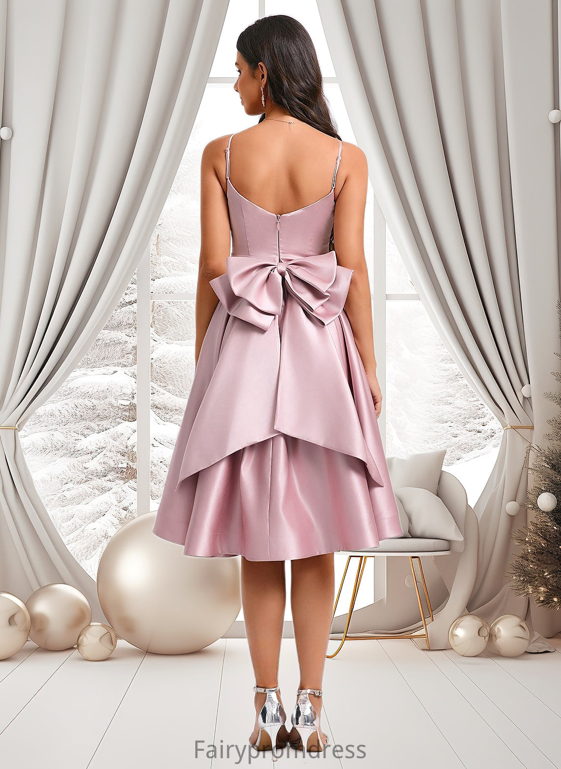 Casey A-line V-Neck Asymmetrical Satin Homecoming Dress With Bow Pleated DJP0025699