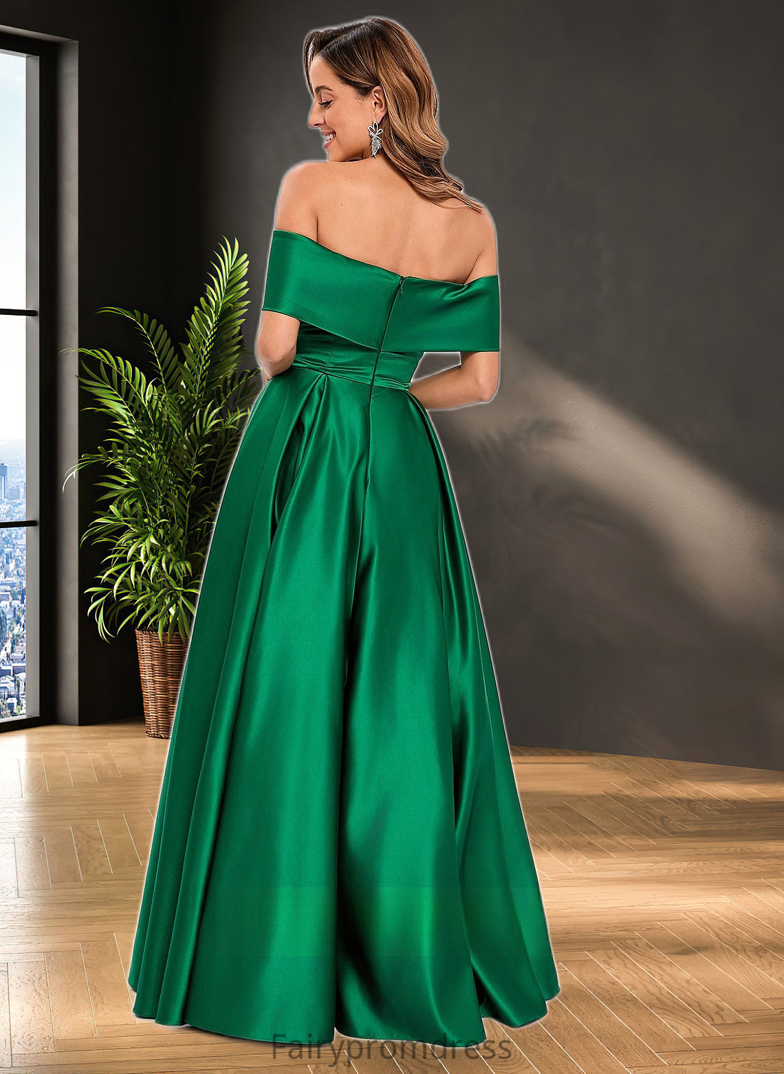 Teagan Ball-Gown/Princess Off the Shoulder Floor-Length Satin Prom Dresses DJP0025871