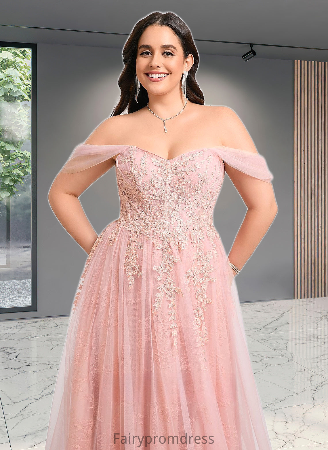 Gwendolyn A-line Sweetheart Off the Shoulder Floor-Length Tulle Floral Lace Prom Dresses With Appliques Lace DJP0025870