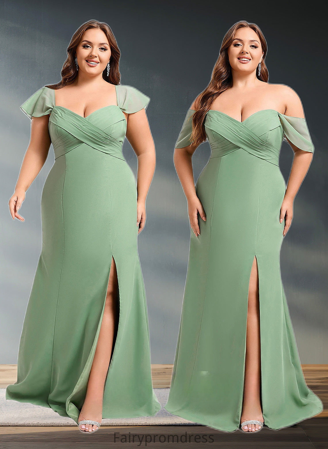 Larissa Trumpet/Mermaid Off the Shoulder V-Neck Floor-Length Chiffon Bridesmaid Dress DJP0025810