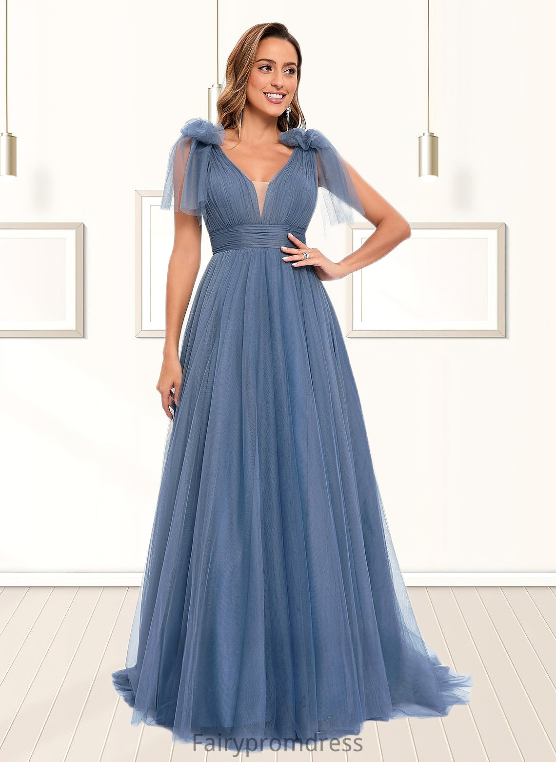 Tiara A-line V-Neck Sweep Train Tulle Prom Dresses With Bow DJP0025854